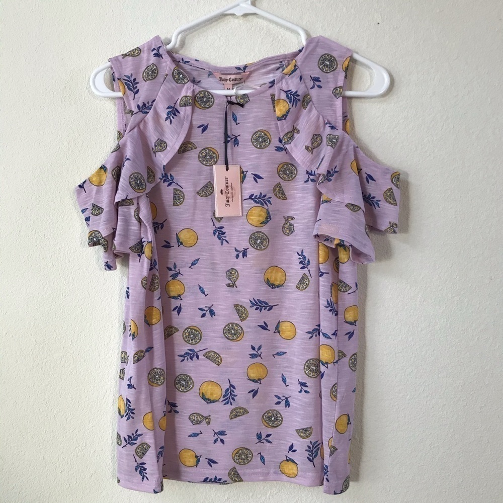 NWT Juicy Couture lemon pattern cold shoulder top